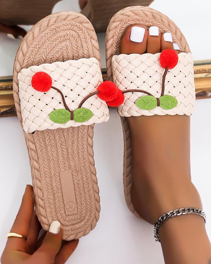 

Cherry Pattern Braided One Strap Slippers, Beige