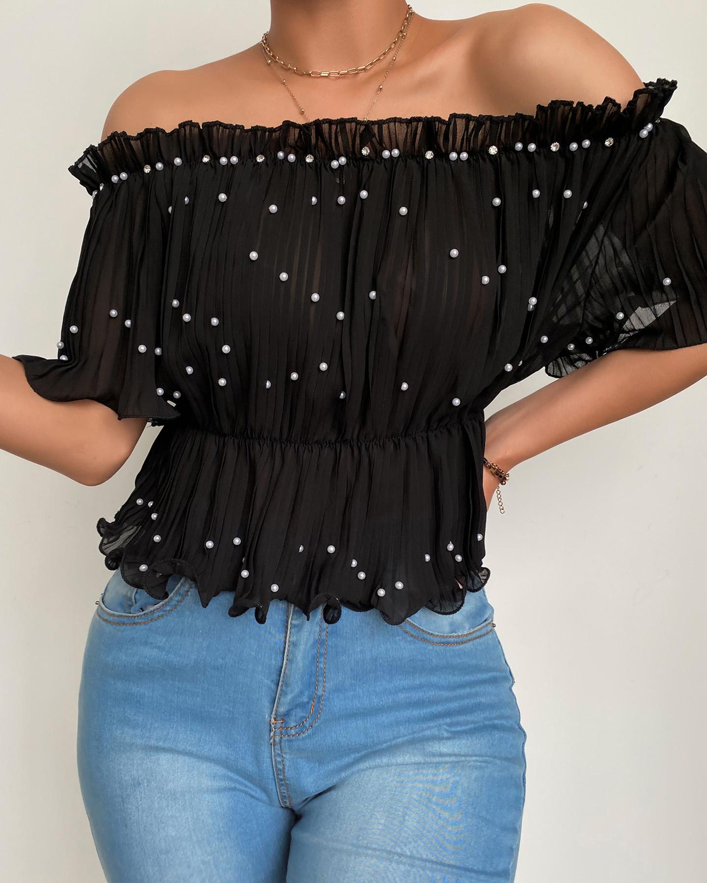 

Off Shoulder Beaded Decor Ruched Blouse, Black