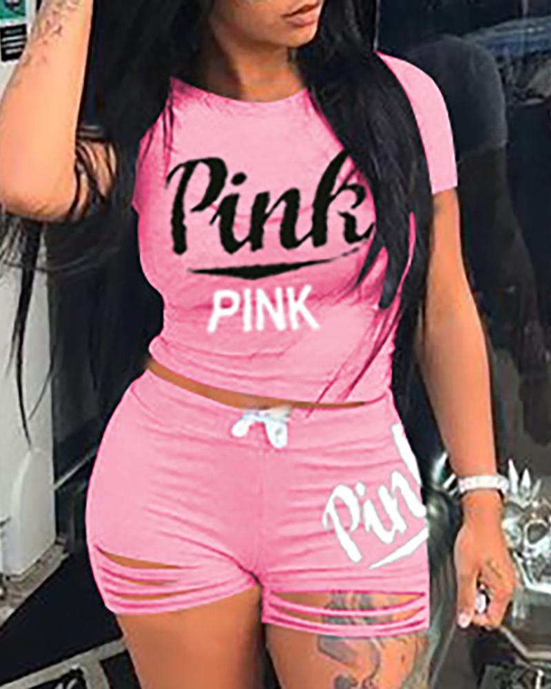 

Letter Print Short Sleeve Top & Drawstring Cutout Shorts Set, Pink