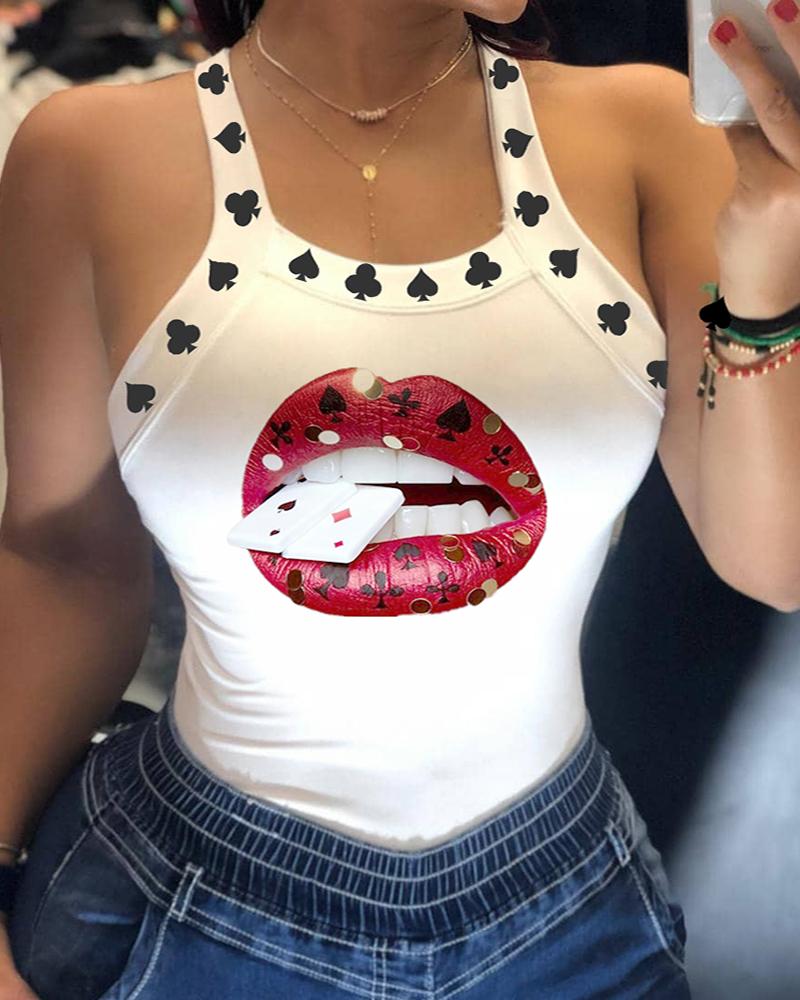 

Thick Strap Poker Lip Print Tank Top, White