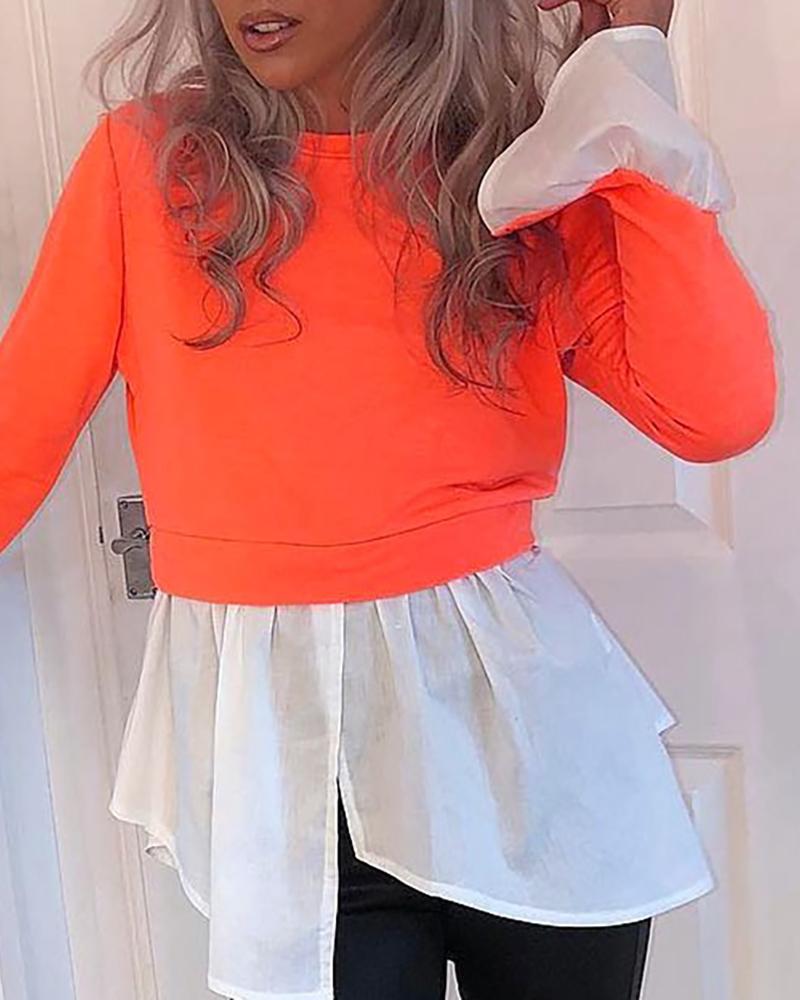 

Round Neck Bell Cuff Colorblock Insert Slit Blouse, Orange