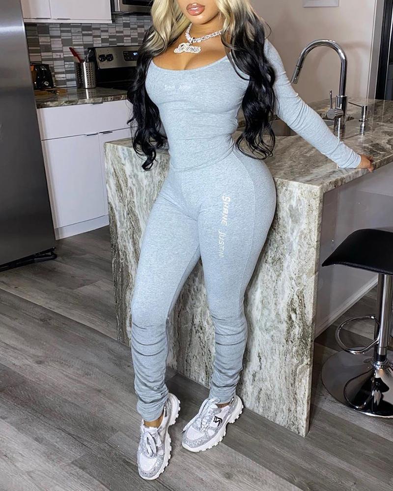 

Letter Embroidery Long Sleeve Top & Fitted Ruched Pants Set, Gray