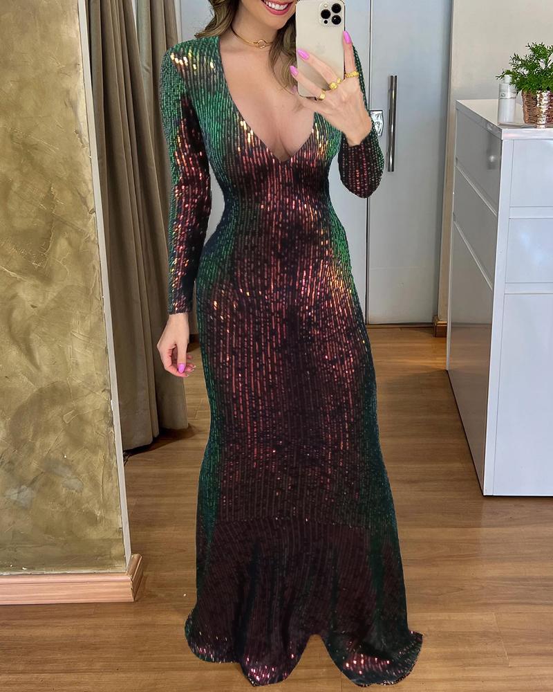 

Plunge Long Sleeve Sequin Mermaid Dress, Dark brown