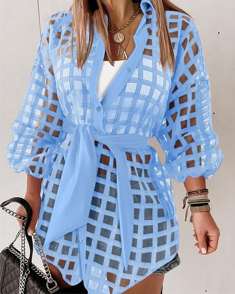 

Plaid Turn-down Collar Sheer Mesh Long Sleeve Tied Detail Shirt Dress Mini Dress with Belt, Blue