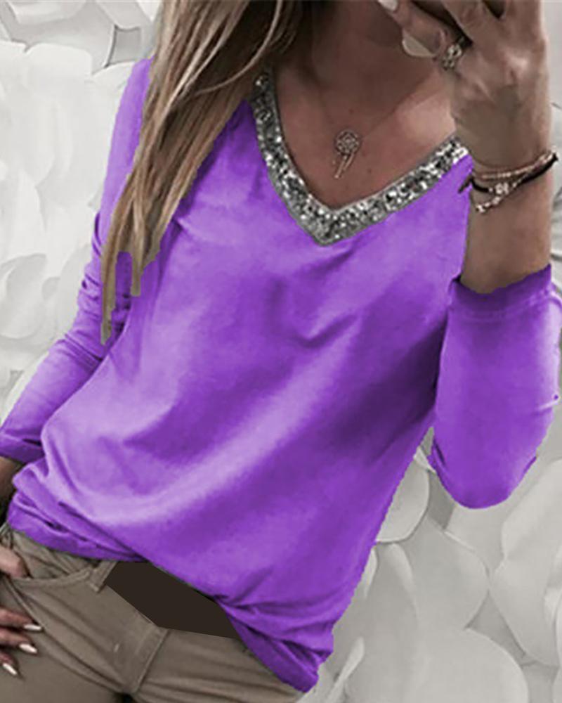 

V-Neck Sequins Long Sleeve Blouse, Purple