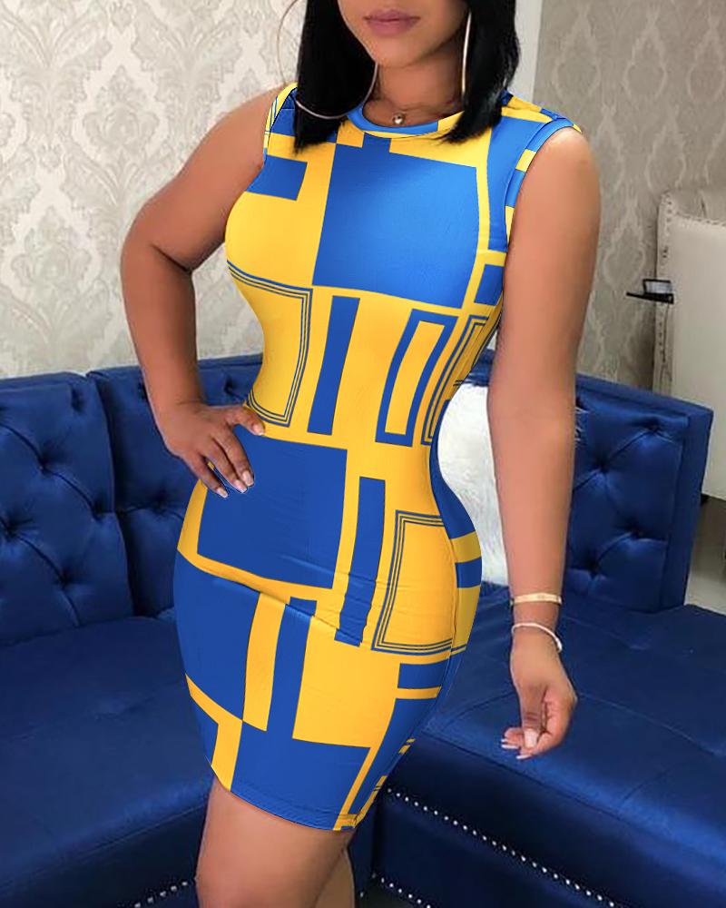 

Colorblock Geo Print Sleeveless Bodycon Dress, Blue