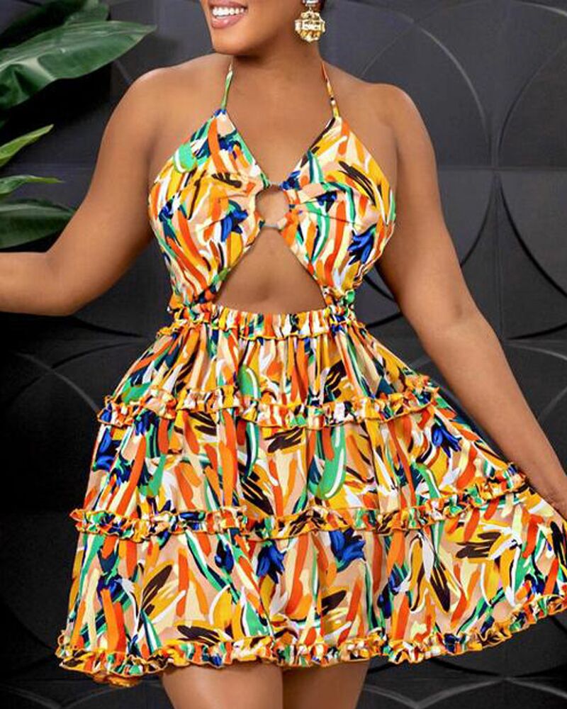 

Allover Print O-Ring Cutout Halter Backless Mini Dress, Yellow