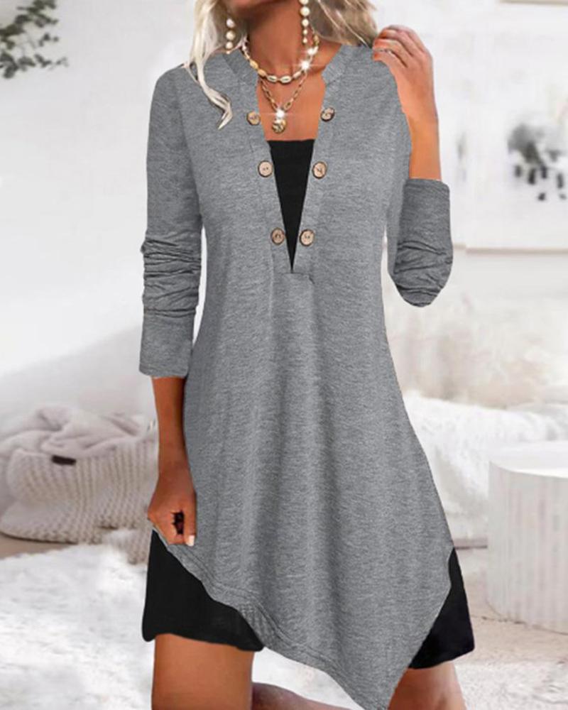 

Contrast Paneled Long Sleeve Casual Dress, Gray