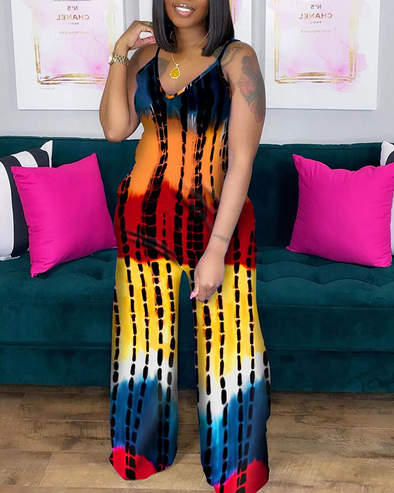 

Tie Dye Print Spaghetti Strap V Neck Jumpsuit, Orange