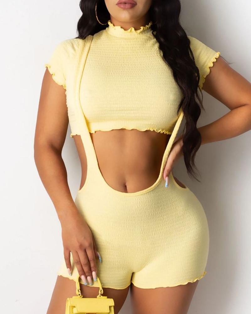 

Shirring Design Frill Hem Top & Suspender Romper Set, Yellow