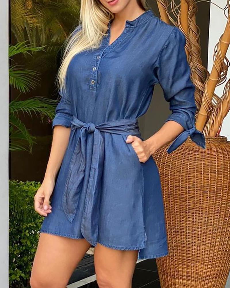 

V-Neck Denim Shirt Dress With Belt, Blue