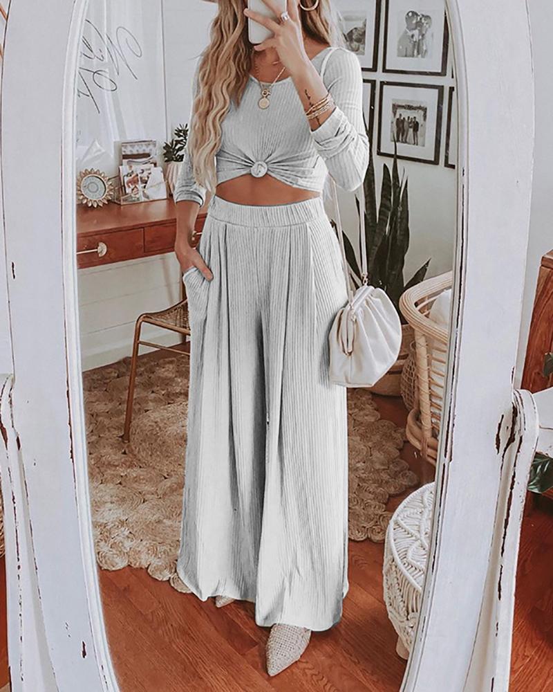 

Long Sleeve Crop Top & Pocket Design Wide Leg Pants Set, White