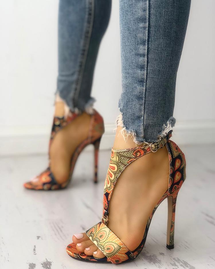 

Peacock Feather Print T-Strap Thin Heeled Sandals, Orange