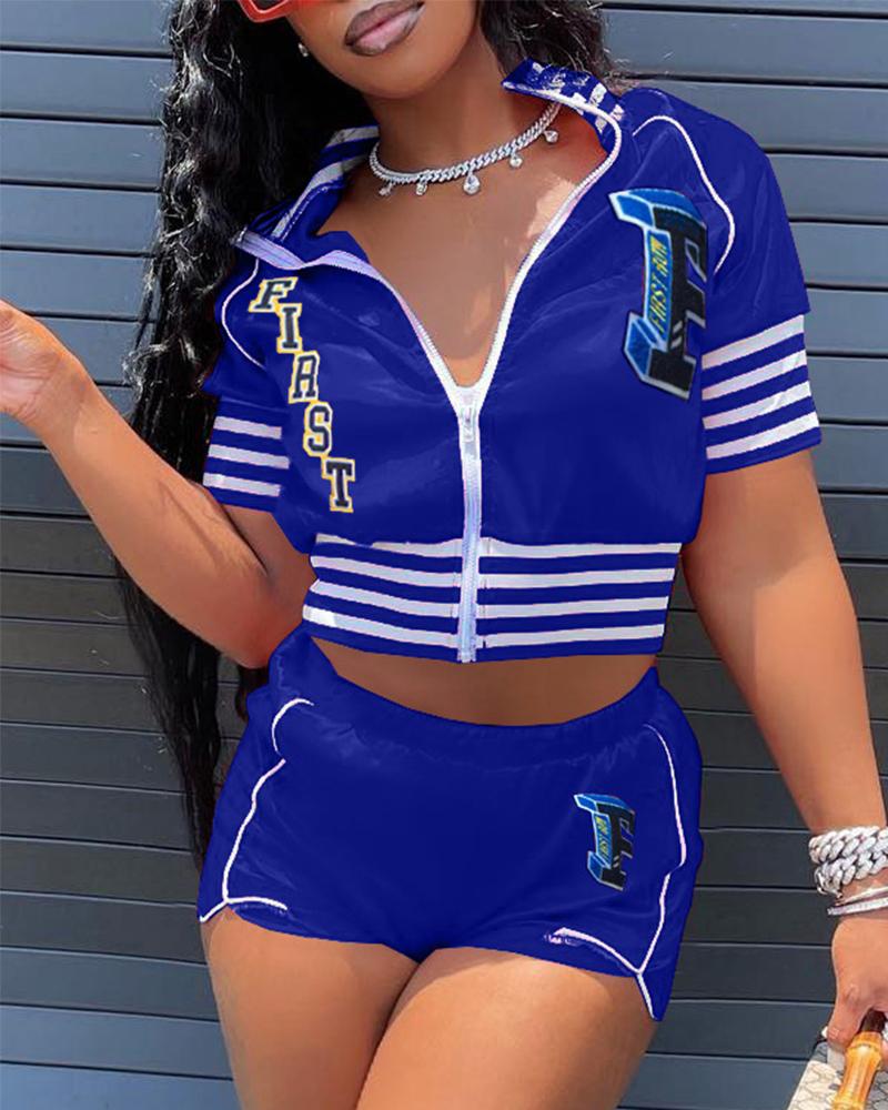 

Letter Patch Zip Front Crop Top & Shorts Set, Blue