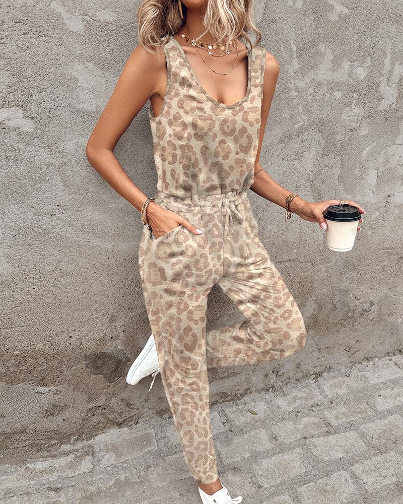 

Camouflage Print Sleeveless Drawstring Jumpsuit, Apricot