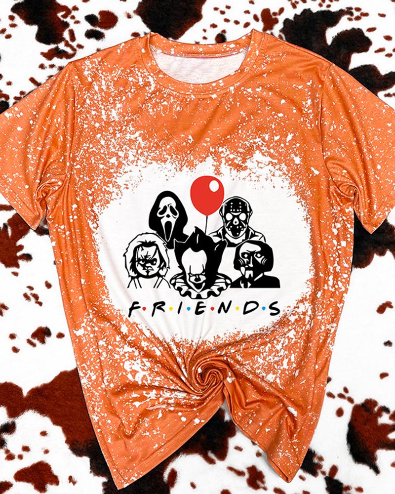 

Halloween Cartoon Figure Balloon Friends Print Bleached T-Shirt, Orange