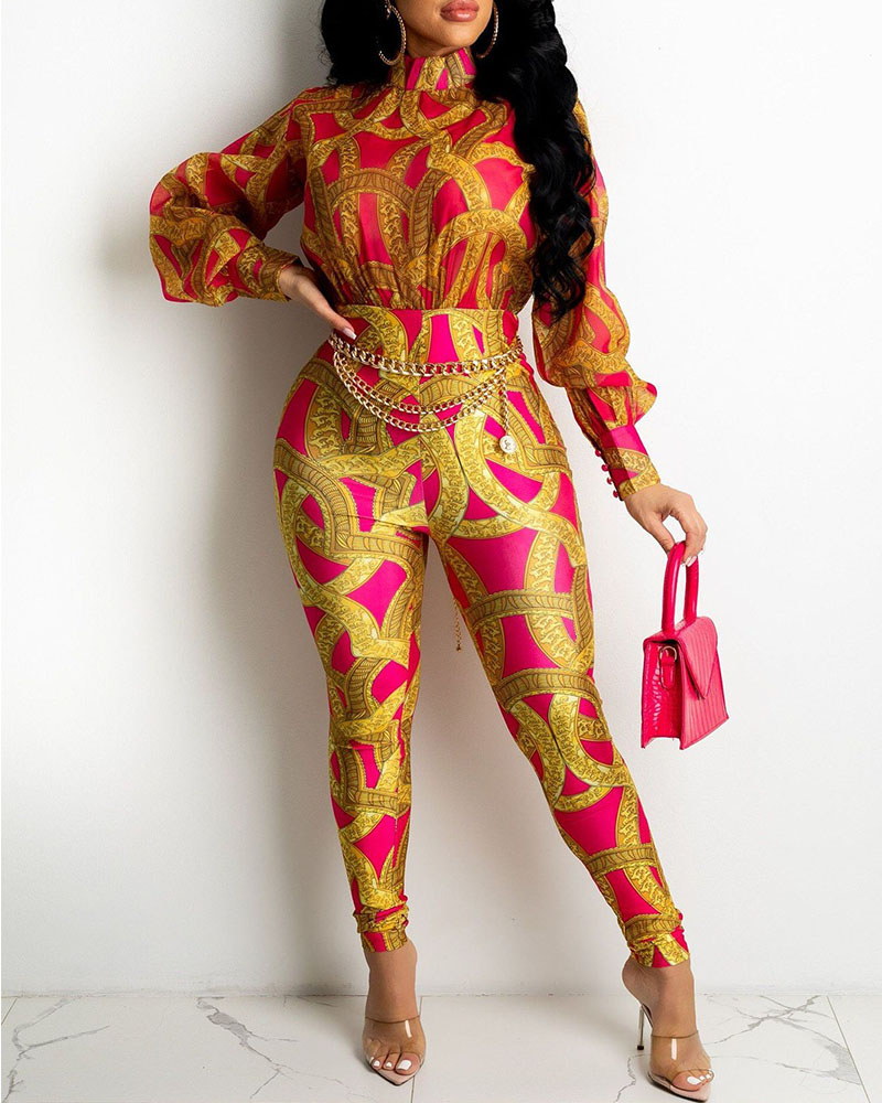 

Lantern Sleeve Scarf Print Skinny Jumpsuit, Red