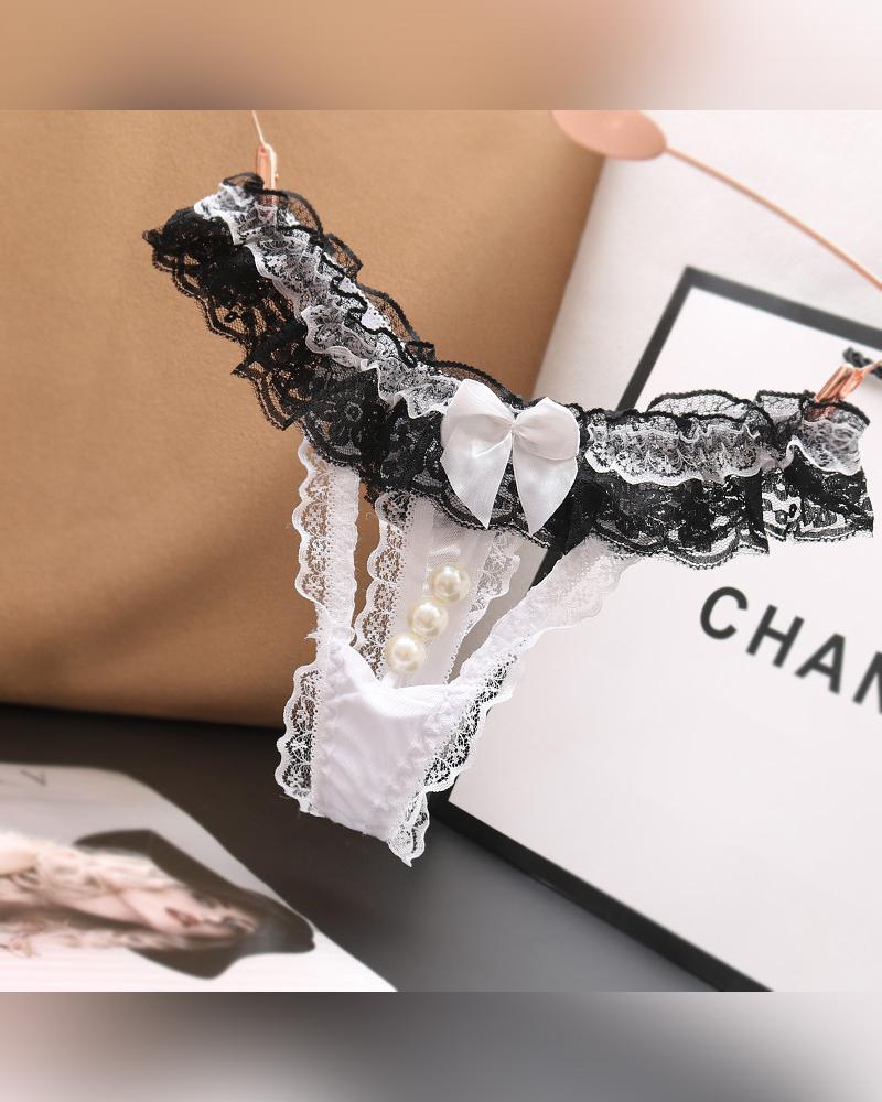 

Lace Splicing Pearl Sexy Bownot Hollow-out Thongs, White