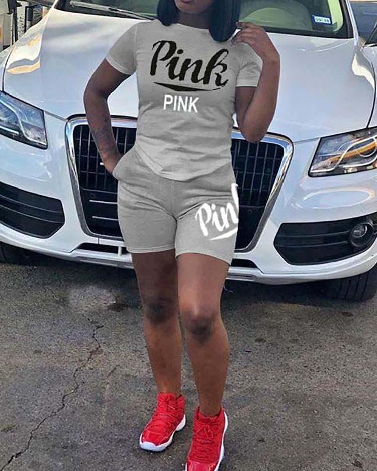 

Letter Print Short Sleeve Tracksuit, Gray