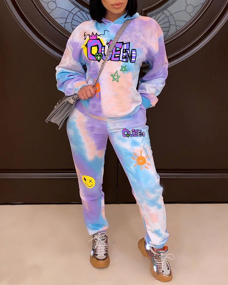 

Tie Dye Letter Hooded Sweatshirt & Pocket Design Pants Set, Blue