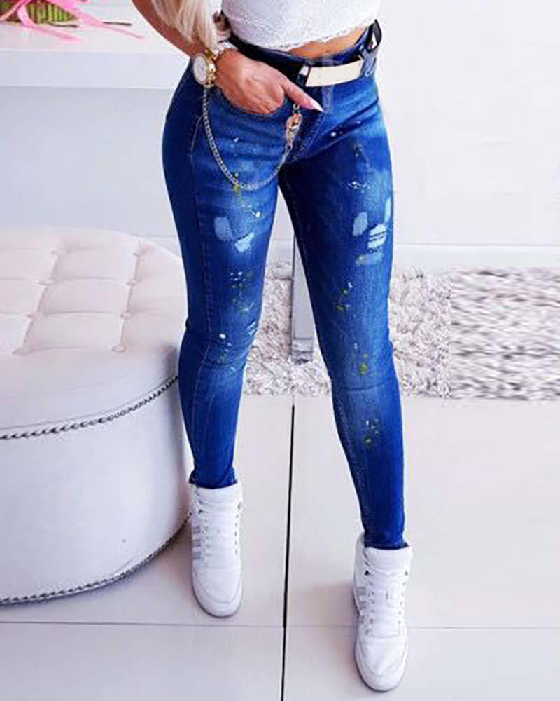 

Pocket Design Ripped Skinny Jeans, Dark blue