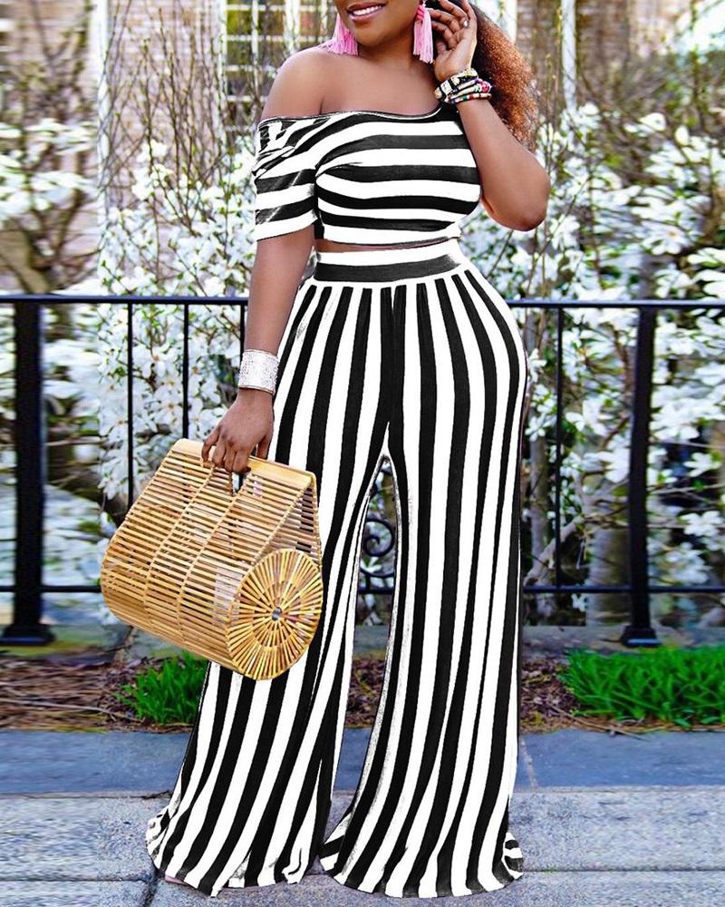 

Striped Print Crop Top & Wide Leg Pants Set, Black