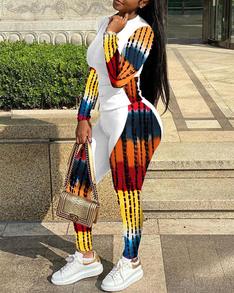 

Abstract Print Long Sleeve Top & Pants Set, White