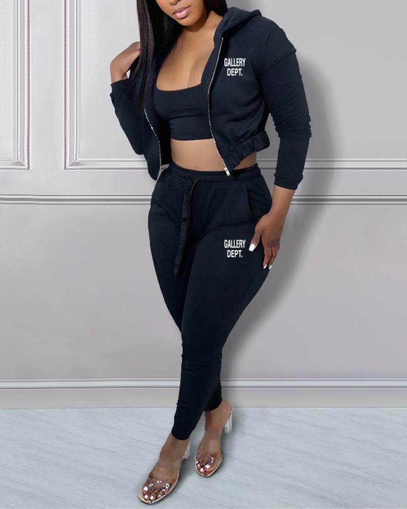 

Zipper Design Hoodie & High Waist Pants Set With Bralette, Black