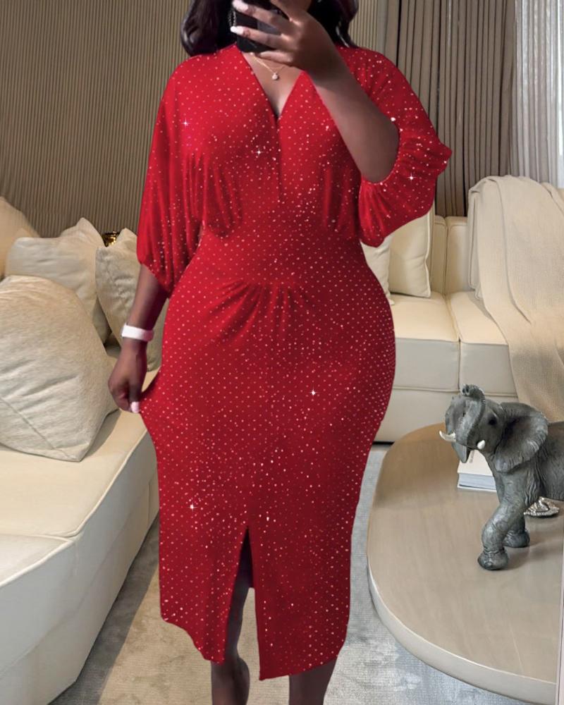 

Vestido midi ajustado elegante con abertura y escote en V pronunciado de terciopelo con mangas farol y brillantes de imitación, Red
