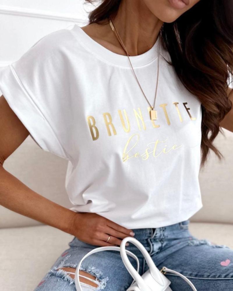 

Brunette Bestie Letter Print Short Sleeve Casual T-shirt, White