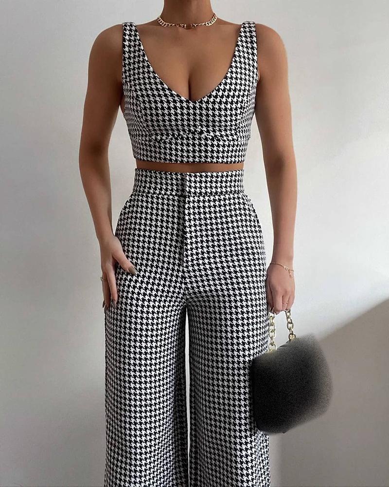 

Houndstooth Print Crop Top & High Waist Pants Set, Black