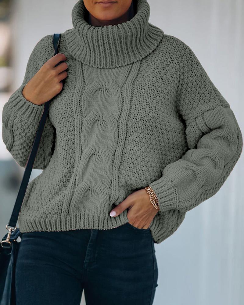 

High Neck Long Sleeve Braided Sweater, Gray