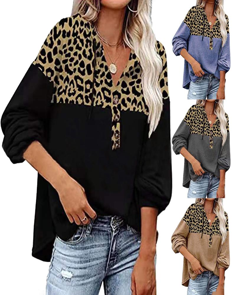 

Cheetah Print Colorblock Long Sleeve Hooded Top, Black