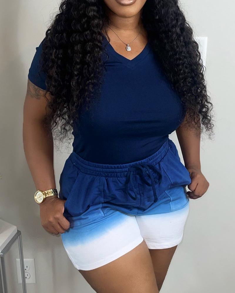 

V-Neck T-shirt & Drawstring Shorts Set, Blue