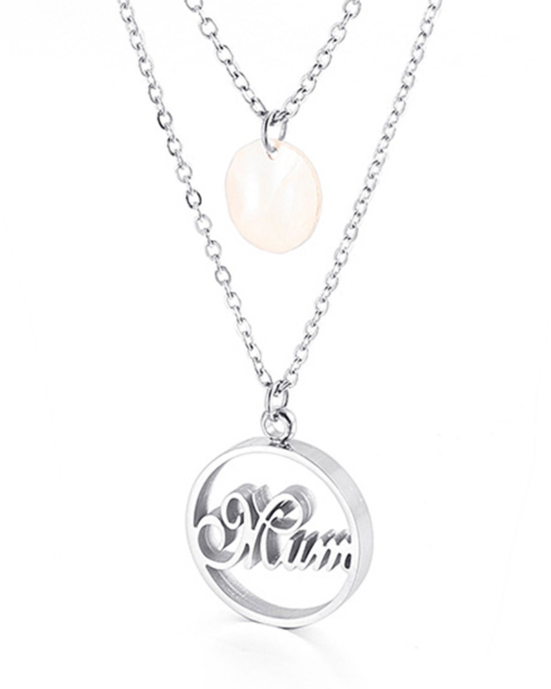 

2pcs Mother's Day Letter Pattern Coin Pendant Necklace, Silver