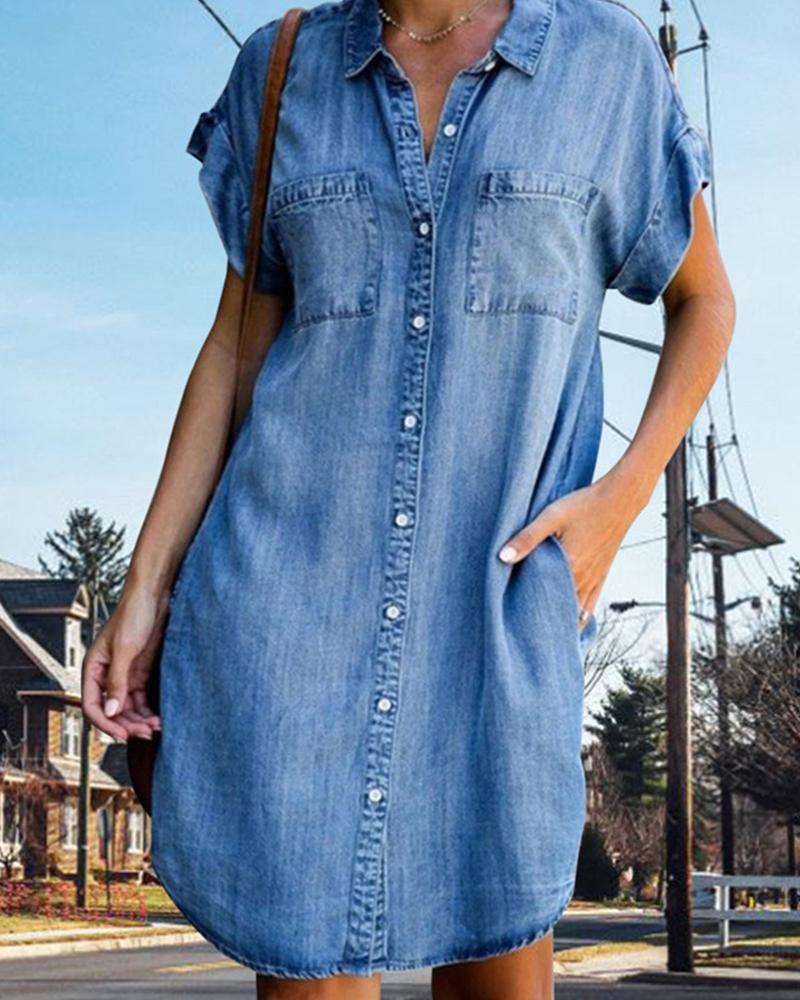 

Button Front Pocket Denim Shirt Dress, Lighted blue