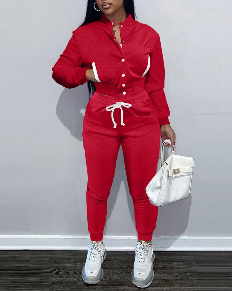 

Pocket Design Buttoned Baseball Jacket & Pants Set, Red