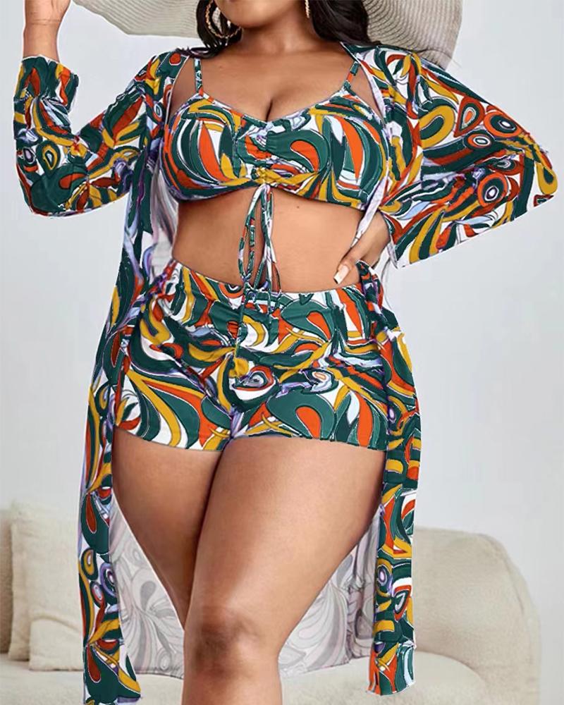 

Plus Size 3PCS Abstract Print Drawstring Bikini Set With Cover Up, Multicolor