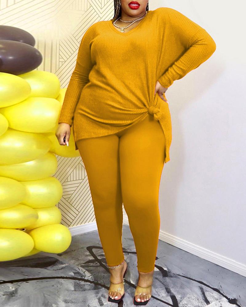 

Plus Size Split Hem Long Sleeve Top & Pants Set, Yellow