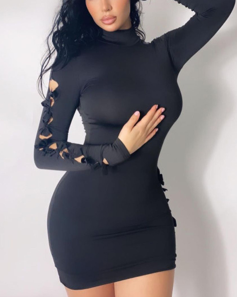 

Bowknot Decor Long Sleeve Bodycon Dress, Black