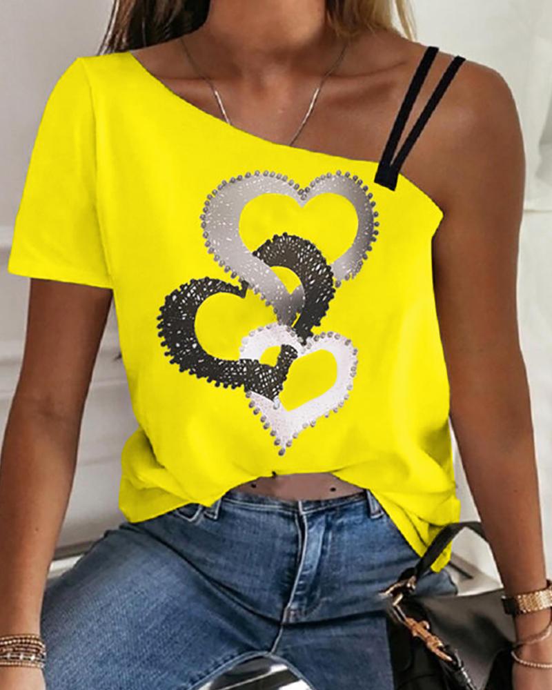 

Heart Print Asymmetrical Neck T-shirt, Yellow