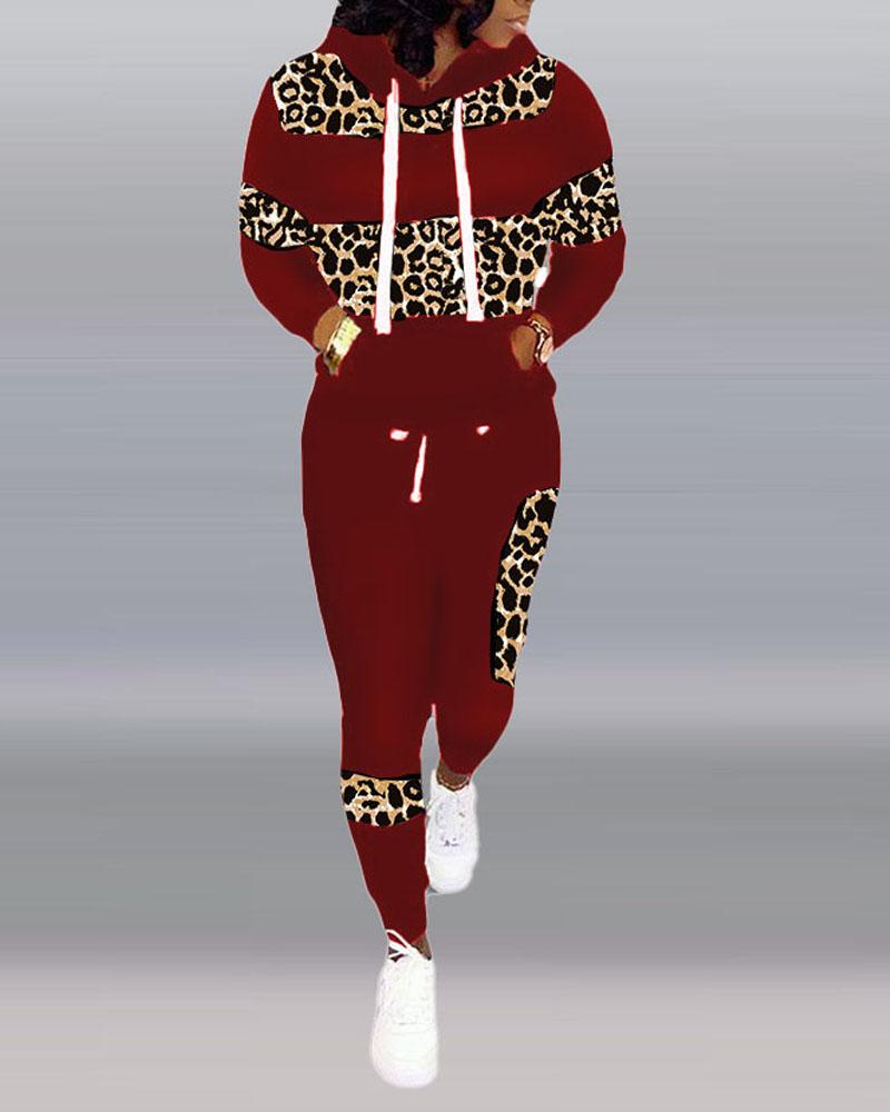 

Leopard Print Long Sleeve Hoodie & Pants Set, Red