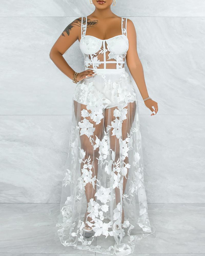 

Sheer Mesh Lace Embroidered Bodysuit & Skirt Set, White