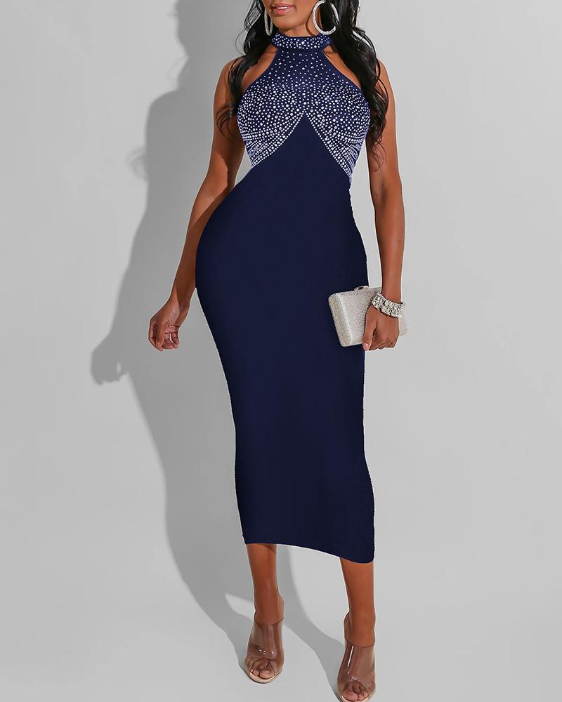 

O-Neck Rhinestone Decor Bodycon Dress, Blue