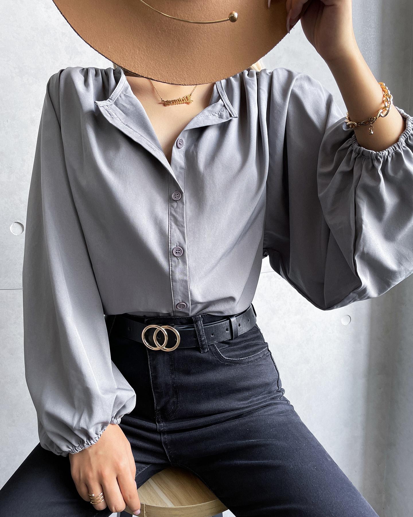 

Ruched Lantern Sleeve Button Design Casual Top, Gray