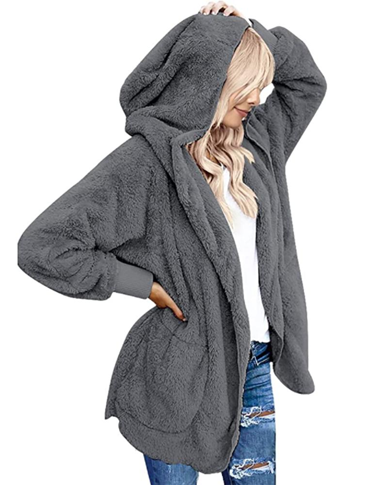 

Pocket Design Long Sleeve Hooded Faux Fur Coat, Dark grey