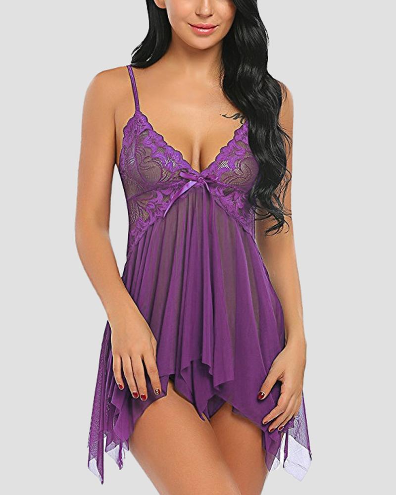 

Contrast Lace Sheer Mesh Asymmetrical Babydoll With Thong, Purple