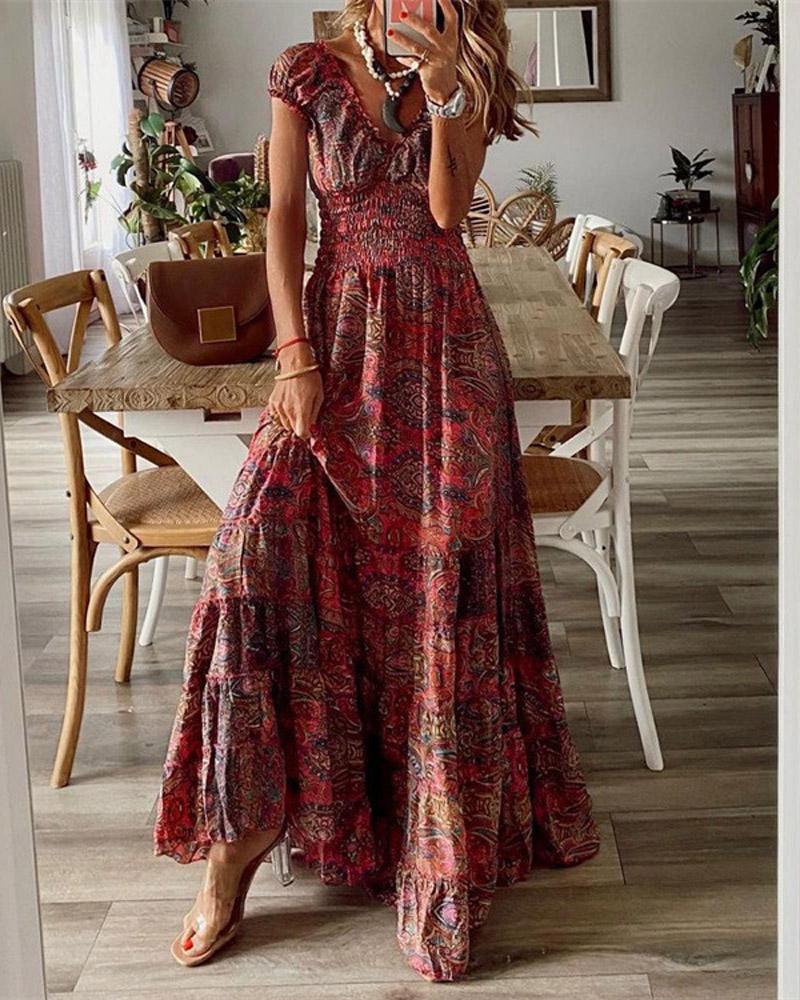 

Vintage Tribal Print Shirred Waist Maxi Dress, Wine red