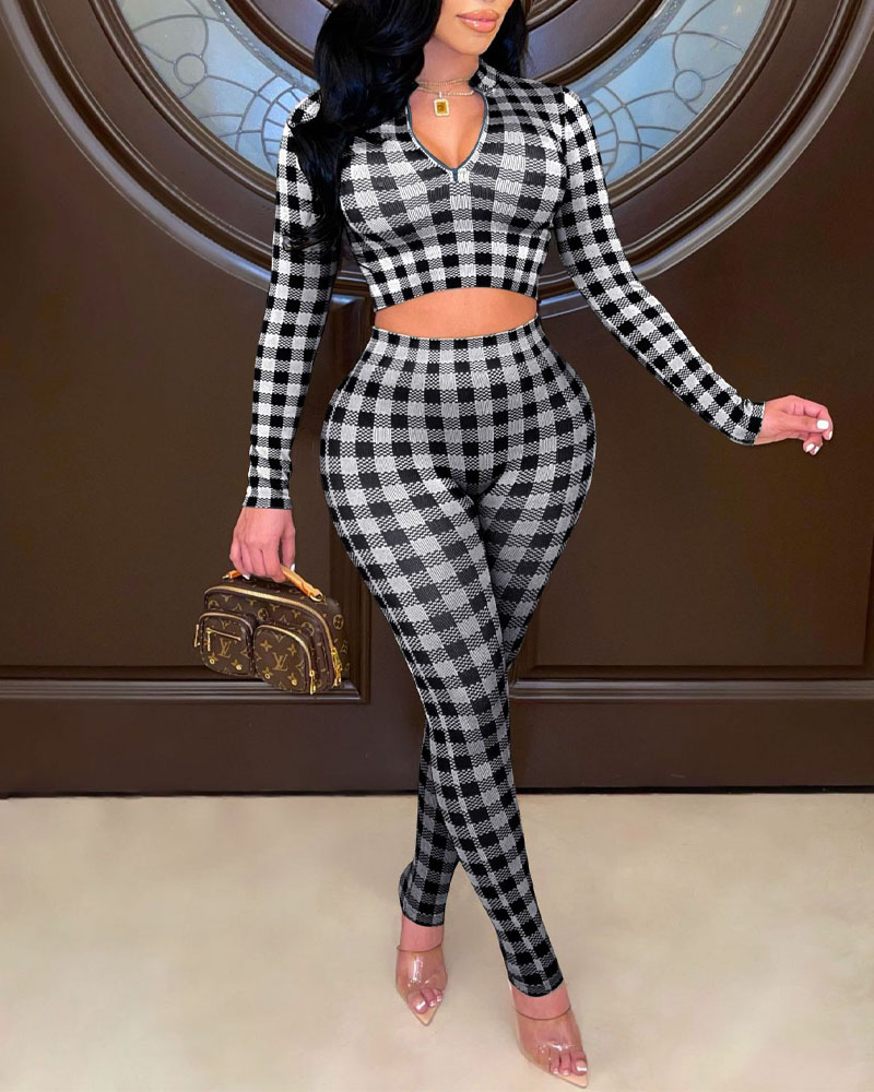 

Plaid Print Zip Front Crop Top & Pants Set, Black