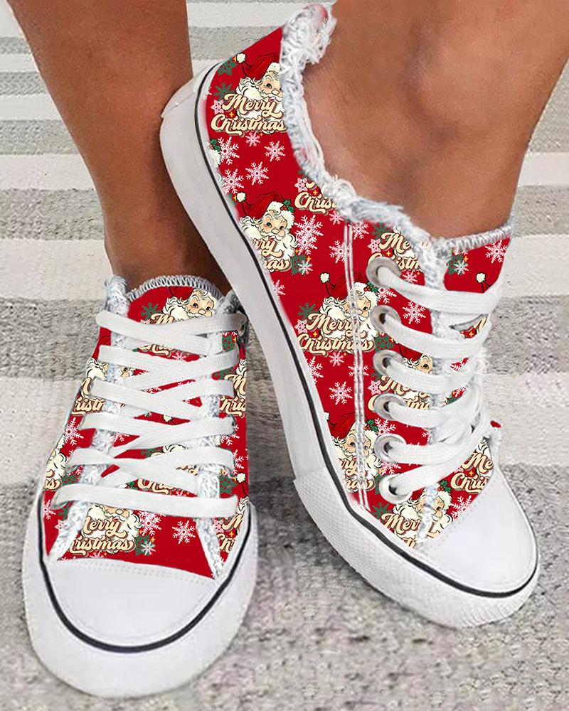 

Merry Christmas Santa Claus Snowflake Print Raw Hem Sneakers, Red